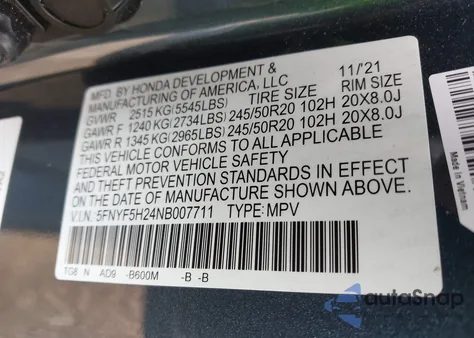 2022 Honda Pilot 2Wd Special Edition z USA, uszkodzony, nr VIN 5FNYF5H24NB007711